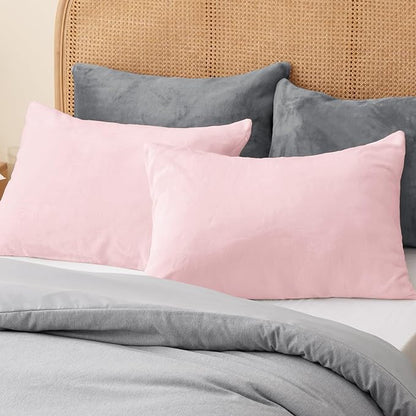 BEDELITE Flannel King Size Pillow Cases Set of 2, Super Soft Fleece Pillowcases with Zipper for Bedroom, Sofa, Couch,Luxury Cozy Fuzzy Velvet Pillow Shams for All Seasons(20x40 Inches,Pink)