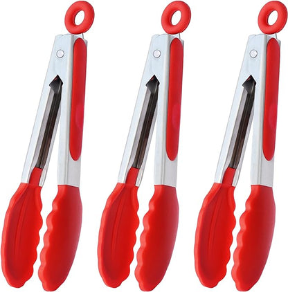 7-Inch Mini Silicone Tongs Small Serving Tongs for Appetizers, Set of 3 (Red)