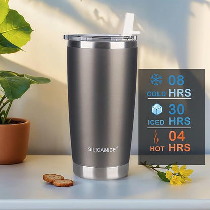 Metallic Gray 20 oz Travel Iced Coffee Mugs Cups Stainless Steel Vacuum Insulated Tumbler with Lid And Straw,Dishwasher Safe,Spill Proof,Metal,Fishing,Outsider,Car Holder,Father,men,Gym,Gift