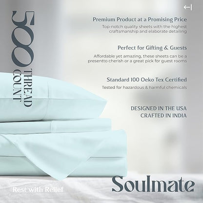 Mayfair Linen 100% Cotton Bed Sheets Queen Set - 500 Thread Count Cotton Sheets for Queen Size Bed, 4 PC Set (Sea Foam), Ultra Soft, Cooling, Sateen Weave 16" Deep Pocket Bedsheet for Hot Sleepers