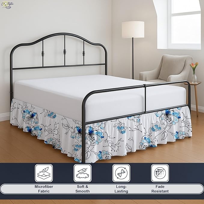 Cottington Lane Ruffled Bed Skirt King Size with Split Corner, Brushed Microfiber Hotel Quality Dust Ruffle, 18 Inch Drop Gathered Bedskirt, Soft, Stylish, Shrink & Fade Resistant, Blue Blossom