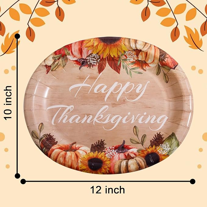 WDF 50Pack Thanksgiving Paper Plates - 10" x 12" Oval Paper Plates Dinner Size Large Disposable Platter Heavy Duty For Happy Thanksgiving Serving Tray Autumn Fall Harvest Party Supply