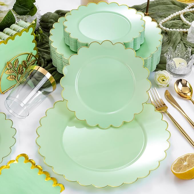 LIYH 210Pcs Gold Trim Sage Green Plastic Plates, Dinnerware Set
