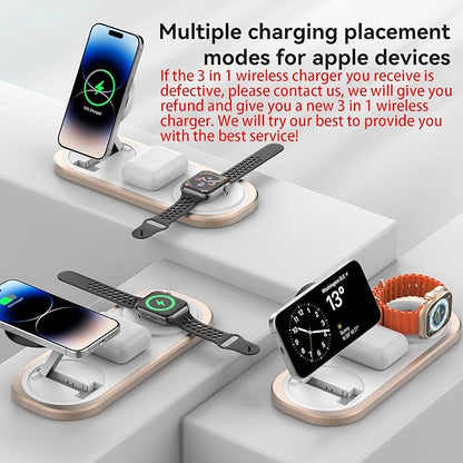 3 in 1 Fast Wireless Charger Stand for iPhone, Foldable Travel Charging Station for Magsafe for iPhone 17/Air/16/15/14/13/12 Series, Apple Watch Series, AirPods pro/2/3/4, Gifts for Women Men (Golden)
