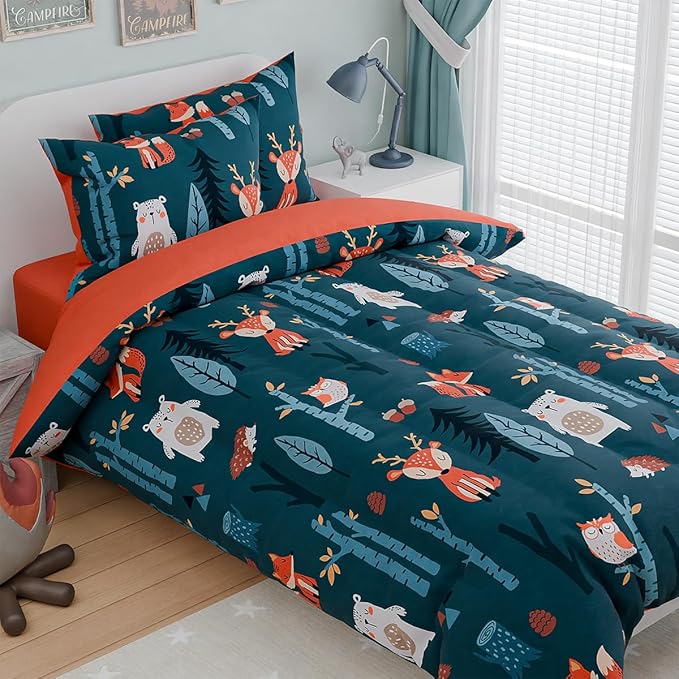 Woodland Animal Kids Bedding Set for Boys, Ultra Soft Microfiber Comforter Set Full Size 4-Pieces, Comforters Bed Sets for Kid Tween Teen Bedroom Decor