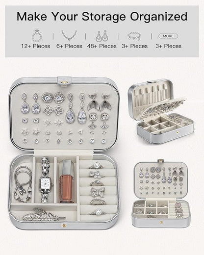 Vlando Travel Jewelry Case for Women Girls Mothers, PU Leather Portable Small Jewelry Box for Rings, Necklaces, Bracelets, Earring Holder Organizer Storage for Travel, Bridesmaid Gifts - Silver
