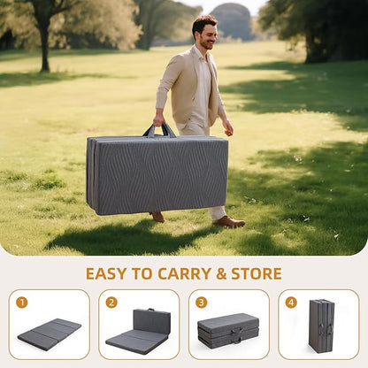Foldable Memory Foam Mattress - 3 Inch Twin XL Waterproof Collapsible Mattress with Washable Cover, Portable Guest Bed Pad, Sleeping Mat for Travel RV Camping Yoga, Non-Slip Bottom,80"x38"x3"