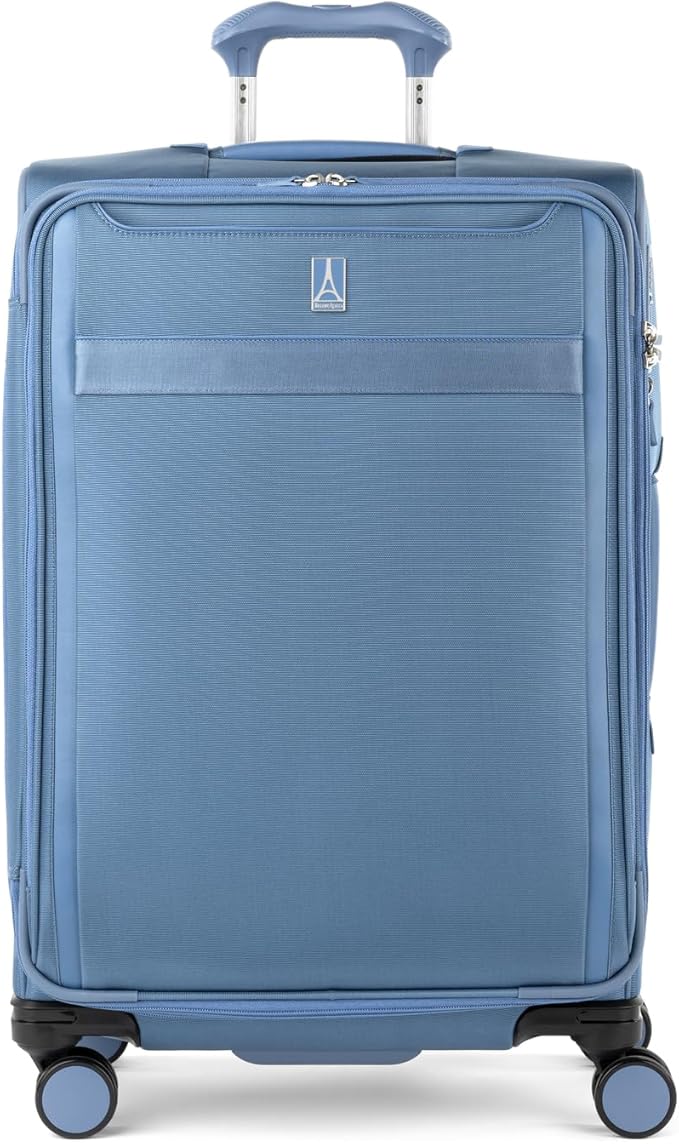 Travelpro VersaPack+ Lightweight Softside Expandable Checked Luggage, 8 Spinner Suitcase, TSA Lock, Men and Women, Checked Medium 25-Inch, Elemental Blue
