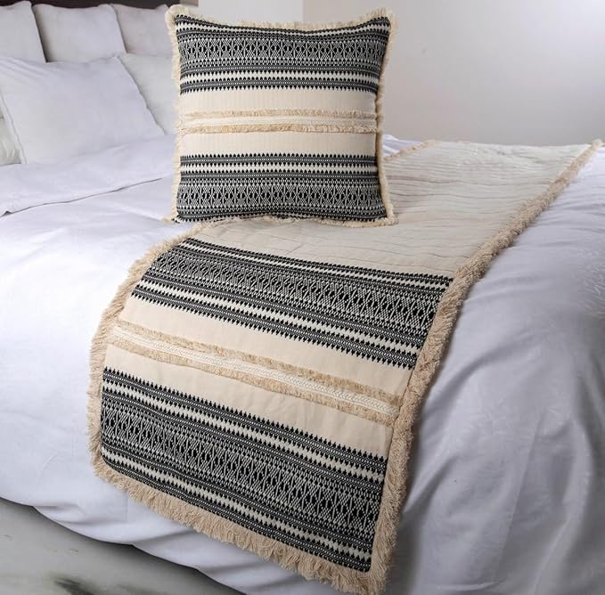 The HomeCentric Beige Bed Runner, CA King Size 86"x18" Decorative Bed Runner with 2 Matching Pillow Cover, Beige & Black Linen Bed Scarf in Quilted, Natural Linen with Lace - Moroccan Vibe