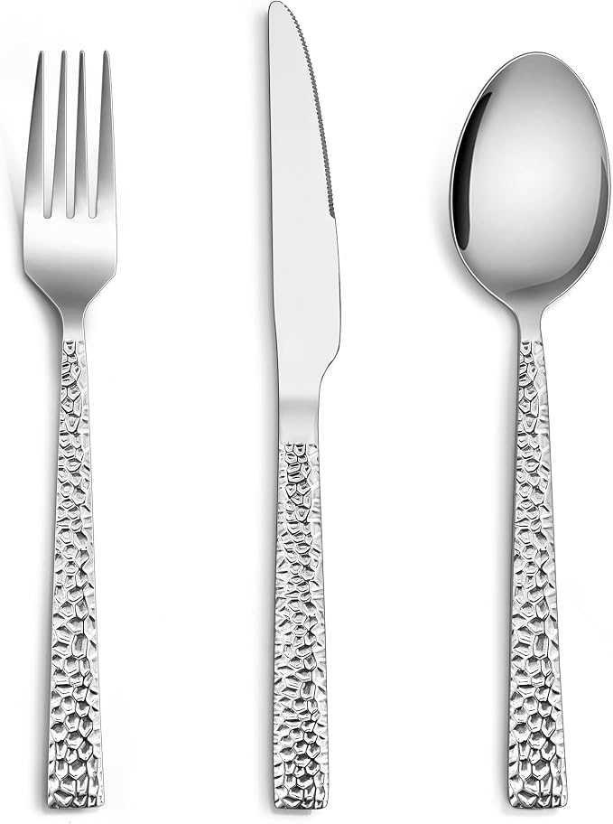 E-far 12-Piece Hammered Silverware Set, Stainless Steel Flatware Set