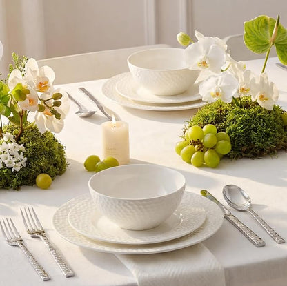 12Pcs Hammered Rim White Bone China Set, Service