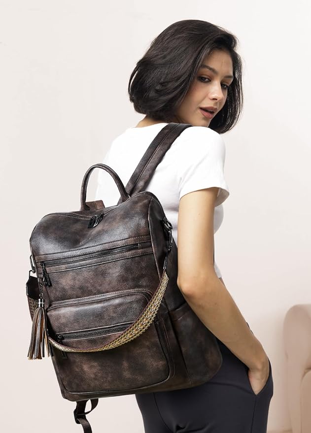 Shrrie 15.6 inch Laptop Backpack for Women,Large Leather Backpack Purse,Travel,Carry on,Water Resistant Casual Laptop Backpacks,College Backpack,Work Backpack for Women,Two-toned Coffee