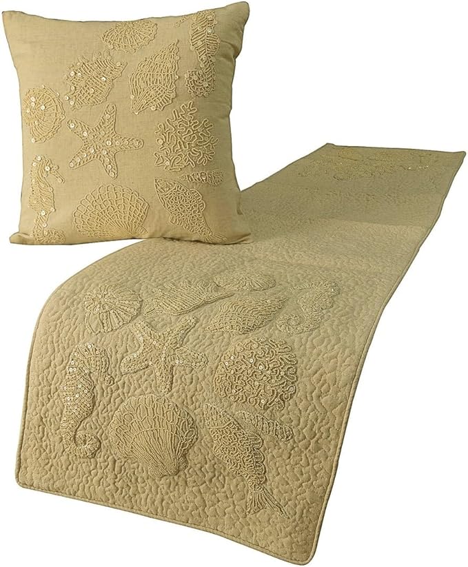 The HomeCentric King Queen Twin Beige Handmade King 90"x18" Bed Runner with 2 Pillow Cover, Pearl Embroidery Bed Scarf on Linen Fabric - Off to The Sea