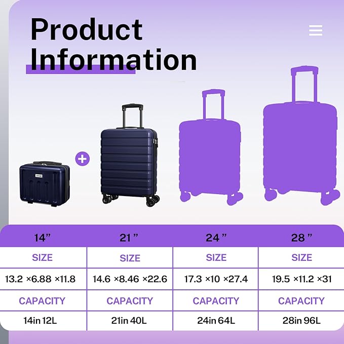 AnyZip 21" Carry On Luggage and 14" Mini Cosmetic Cases Luggage Set Hardside PC ABS Lightweight USB Suitcase with Wheels TSA for kids (2-Piece Set (14/21),DarkBlue)
