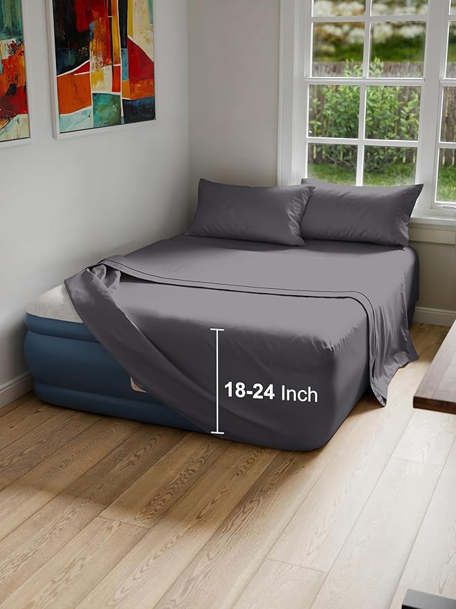 Air Mattress Sheet Set for King Size - 4 Piece Breathable & Cooling Sheets w/Extra Deep Pockets - Fits Inflatable & Blow Up Air Mattresses Up to 24 Inches Thick - Soft and Wrinkle Free - Dark Grey
