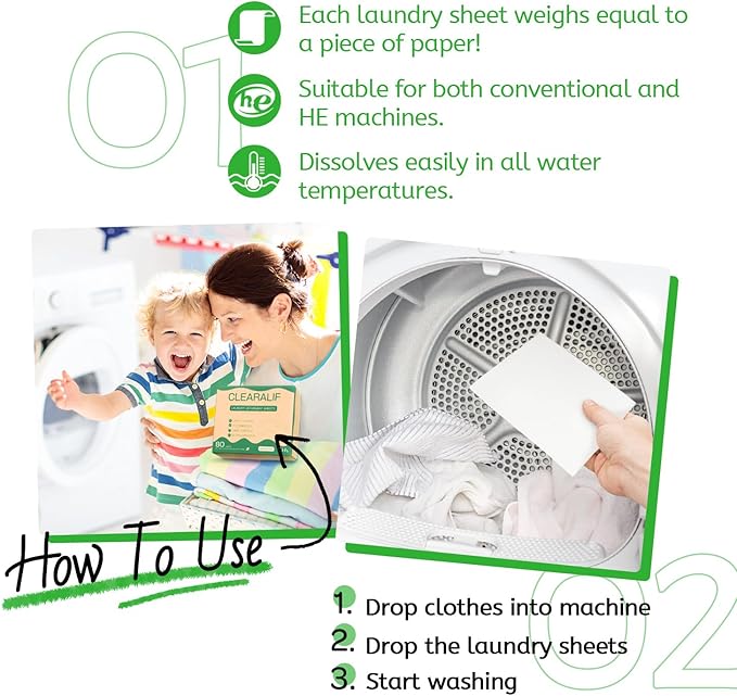 Laundry Detergent Sheets Up to 160 Loads, Wild Mint - Great For Travel,Apartments, Dorms,CLEARALIF Laundry Detergent Strips Eco Friendly & Hypoallergenic - 80 Sheets