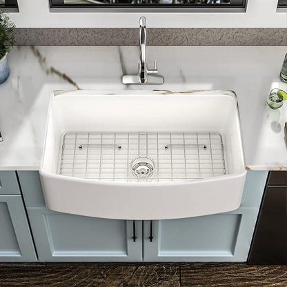 33 White Farm Sink - Fulorni 33"x20" Curved Apron Front Farmhouse Kitchen Sink Ceramic Porcelain Fireclay Single Bowl Farmer Style Basin