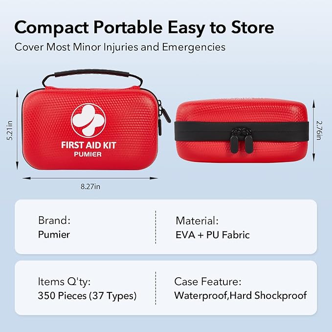 First Aid Kit for Car Home Travel Camping, 350pcs Compact Waterproof Hard Case, Public Emergency Must Have Survival Kits - Perfect for Businesses, Boat, Hiking, Vehicles, Sports (PUMIER)