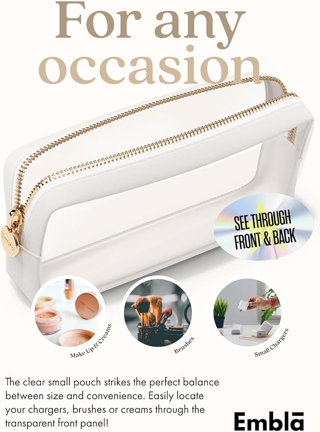 Clear Makeup Bag Zipper Pouch, Transparent Cosmetic Case Organizer, TSA Approved Travel Toiletry Case, Travel Accessories Essentials Makeup Tote for Women, Small Cute Make up Bag for Purse - White