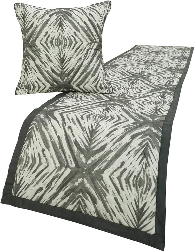 The HomeCentric King/Queen/Twin Grey & White Designer King 90"x18" Bed Runner with 2 Pillow Cover, Quilted Bed Scarf on Cotton Fabric - Grey Semblance