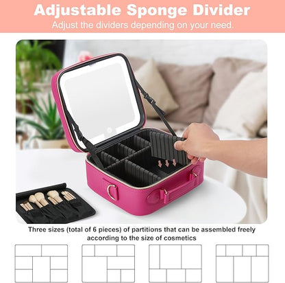Mocado Travel Makeup Bag with LED Lighted Mirror,Travel Makeup Organizer,Makeup Case with 3 Color Lighted Setting and 10x Magnifying Mirror,Portable Storage and Adjustable Dividers Makeup Box(Violet)