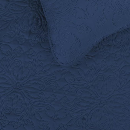 Easy-Going Full/Queen Size Reversible Quilt Set with 1 Quilt and 2 Pillow Shams, Soft Bed Quilt Cover, Water Resistant Lightweight Microfiber Bedspread, Stain Resistant, Damask-Dark Blue/Light Blue