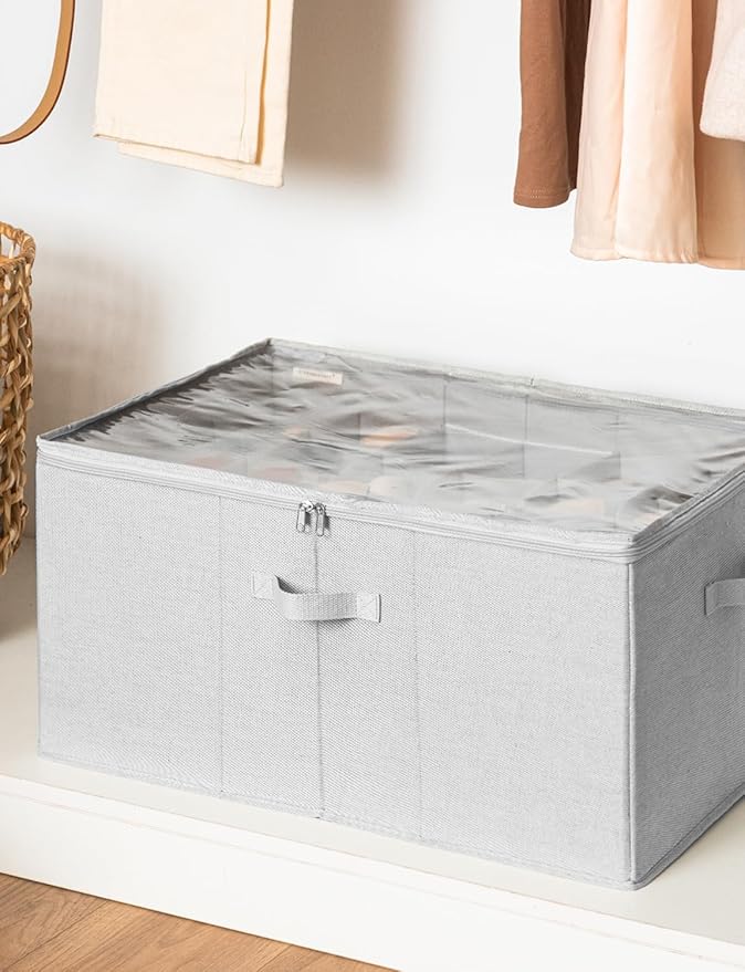 StorageWorks Shoe Organizer for Closet, Fits up to 24 Pairs, Shoe Cubby Storage Containers with Adjustable Dividers and Clear Cover, Grey