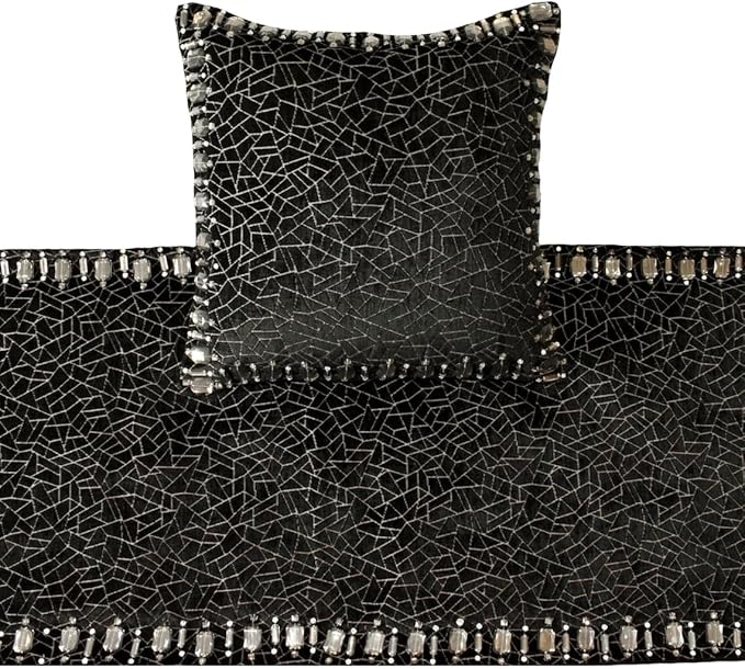 The HomeCentric King/Queen/Twin Black Decorative Queen 74"x18" Bed Runner with 2 Pillow Cover, Mosaic & Crystal Bed Scarf on Velvet Fabric - Mosaic Noir