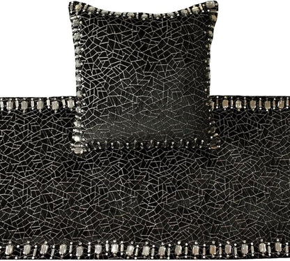 The HomeCentric King/Queen/Twin Black Decorative Queen 74"x18" Bed Runner with 2 Pillow Cover, Mosaic & Crystal Bed Scarf on Velvet Fabric - Mosaic Noir