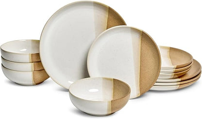 Sango 12 Pieces Stoneware Dinnerware Set, Glossy Caramel & Cream Dishes