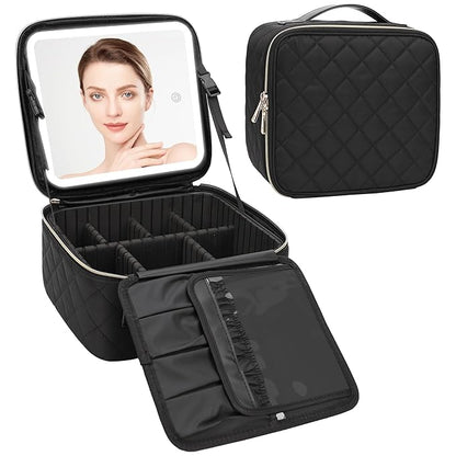 Relavel Travel Makeup Bag With Light Up Mirror, Cosmetic Train Case with LED Mirror, Professional Makeup Case for Makeup Artist, Waterproof Makeup Brush Holder Organizer Storage, Rhombus Black