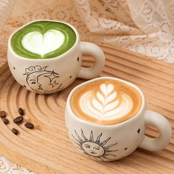 4pcs Boho Style Ceramic Moon and Sun Mugs, 9.4OZ Cute Coffee Cup Set, Matte