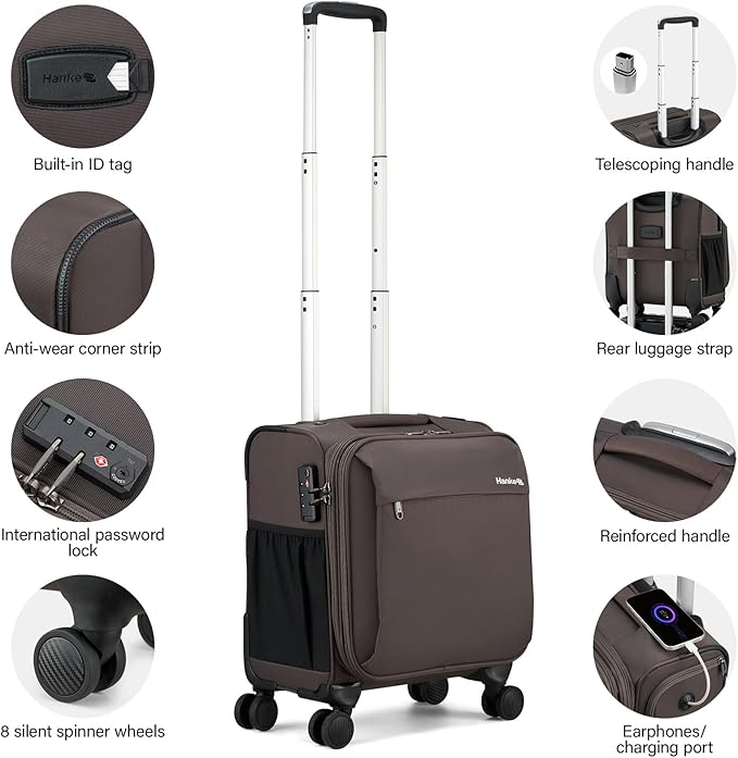 Hanke 16 Inch Underseat Carry On Luggage with Wheels Small Suitcase Softside Luggage Bags for Travel Lightweight Suitcases with Wheels Travel Luggage Personal Item for Men and Women.(Coffee)