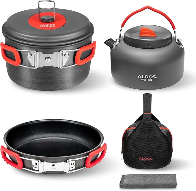 Alocs Camping Cookware Set - Lightweight Camping Cookware Mess Kit - Camping Pots and Pans Set - Camping Cooking Gear with Portable Carry Bag for Outdoor Backpacking Hiking and Picnic