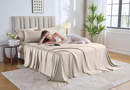 Pure Bamboo Full Sheets, Genuine 100% Organic Viscose Derived from Bamboo Bed Sheet Set, Luxuriously Soft & Cooling, Double Stitching, 2 Year Quality Promise (Full, Creme)