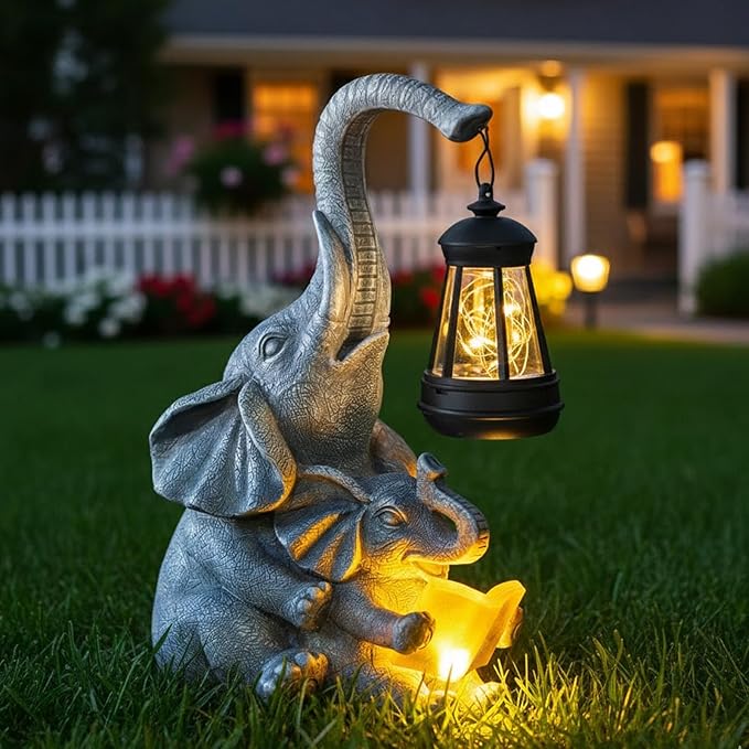 Solar Garden Statue Lights Loving Elephants Figurine