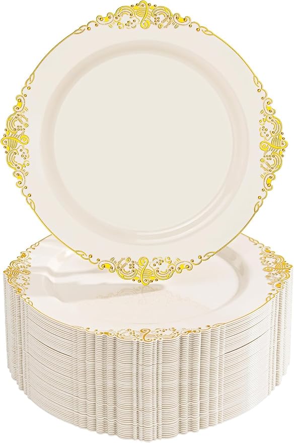 Nervure 100Pcs 7.5'' Ivory Plastic Plates, Disposable Plates