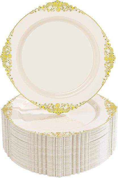 Nervure 100Pcs 7.5'' Ivory Plastic Plates, Disposable Plates