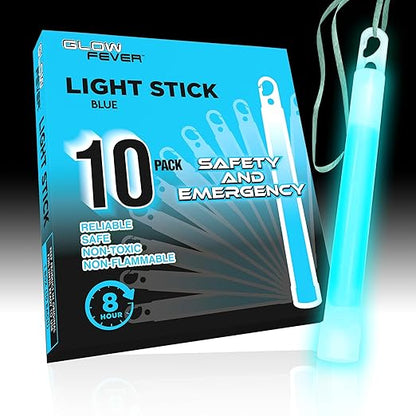 Glow Fever Emergency Safety Military Grade Glowsticks; 10PCS, 6" Ultra Bright Glow Sticks with 8 Hours Duration. Great for Hiking, Party, Camping, Blackouts, Hurricane and Survival Kits (Blue)