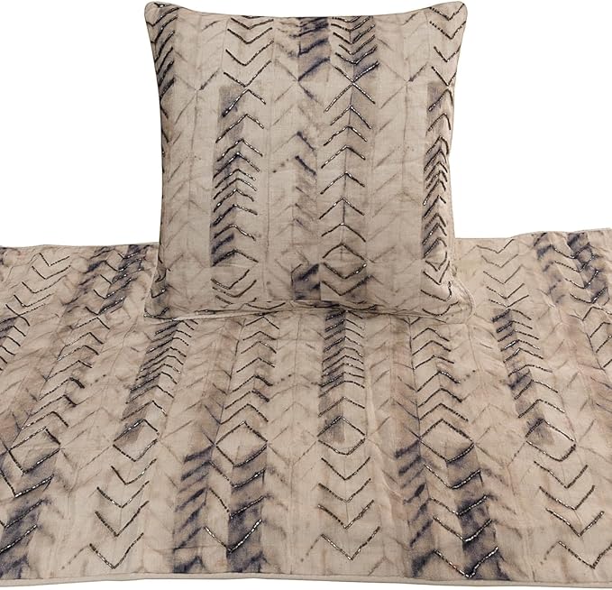 The HomeCentric King Queen Twin Grey Decorative Full 68"x18" Bed Runner with 2 Pillow Cover, Tie & Dye Beaded Bed Scarf on Cotton Fabric - Tie Dye Chevy