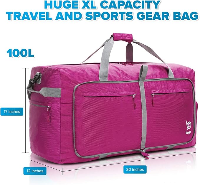 Bago Large Foldable Duffel Bags for Traveling Women & Men - 120L Packable Duffle Bag for Travel with Shoe Compartment - Water Repellant, Heavy Duty, Lightweight Folding & Collapsible (Pink)