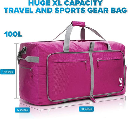 Bago Large Foldable Duffel Bags for Traveling Women & Men - 120L Packable Duffle Bag for Travel with Shoe Compartment - Water Repellant, Heavy Duty, Lightweight Folding & Collapsible (Pink)