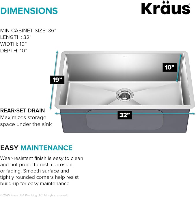 Kraus KHU100-32 Standart PRO 16 Gauge Undermount Single Bowl Stainless Steel Kitchen Sink, 32 Inch