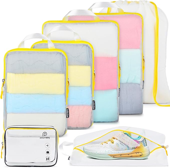 Lightweight Compression Packing Cubes for Suitcases, Compressible Expandable Travel Packing Organizer with Clear Toiletries and Backpack Bag, Travel Essentials for Carry on Luggage 7 Set