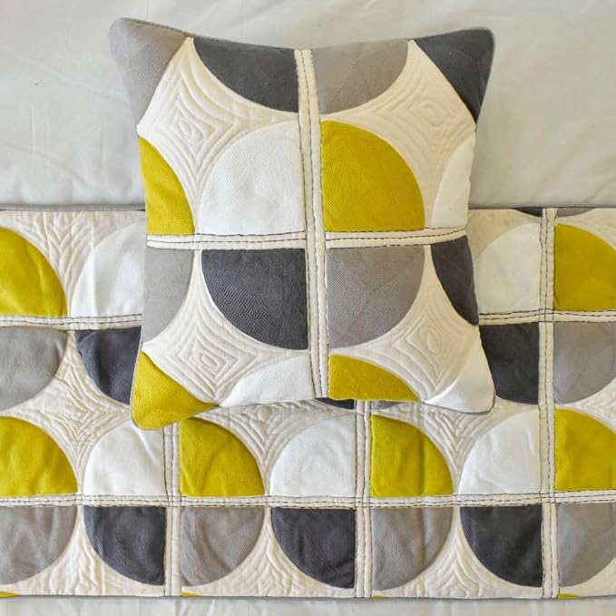 The HomeCentric King/Queen/Twin Yellow & Grey Designer Full 68"x18" Bed Runner Without Pillow Cover, Emboroidered, Quilted & Geometric Bed Scarf on Cotton Fabric - Geo Fusion