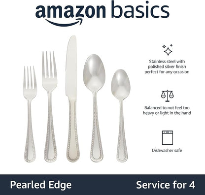 Amazon Basics Silverware Set, Stainless Steel Flatware, Dishwasher Safe