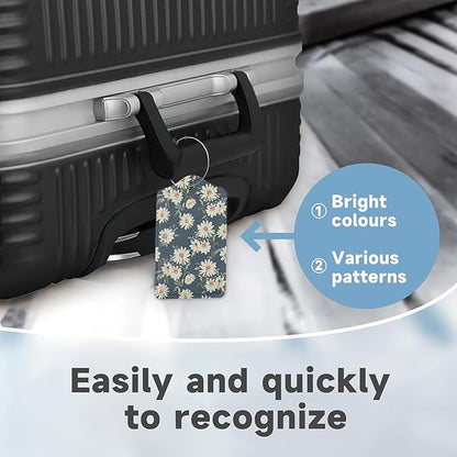 2 Pack Leather Luggage Tag for Suitcase Retro Daisy Flower Unique Travel Tags with Privacy Cover ID Label & Stainless Steel Loop for Men and Women Baggage