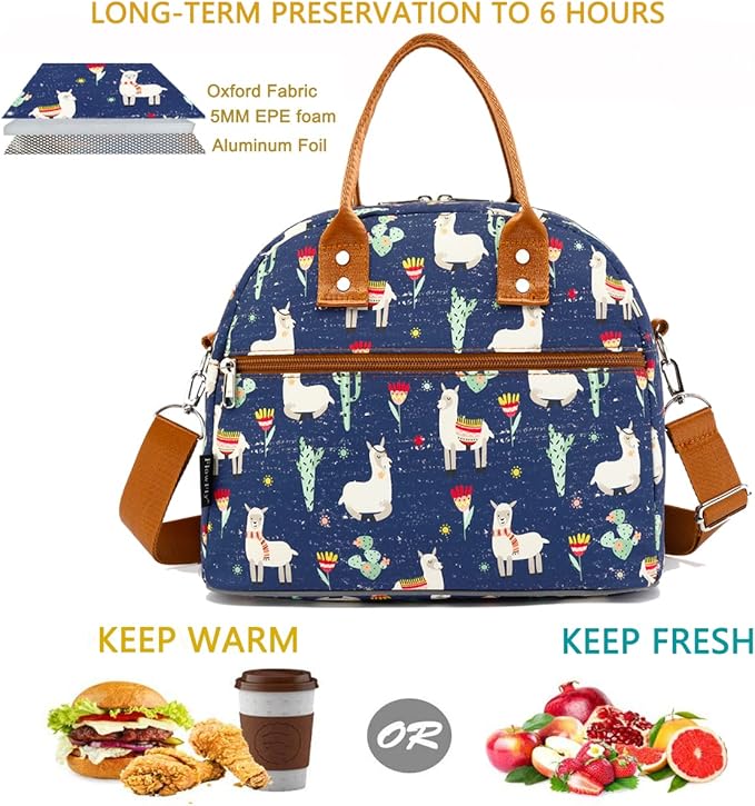 FlowFly Insulated Lunch Bag With Shoulder Strap for Women, Men, and Kids, Large and Reusable, Handle, Freezable Work and School Travel Tote and Meal Prep Organizer,Alpaca