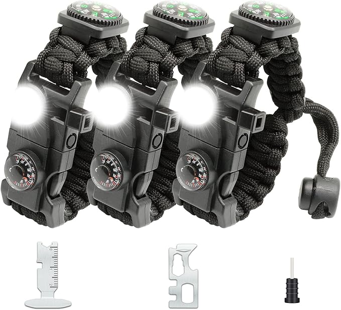 20 in 1 Survival Paracord Bracelet Adjustable Gear Kit with SOS LED Light, Fire Starter, Bigger Compass, Survival Whistle, Perfect for Camping, Hiking, Fishing