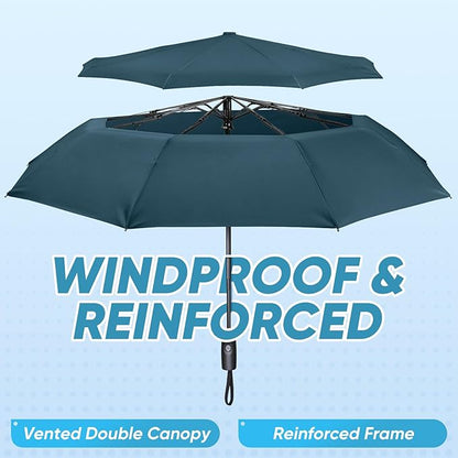 PTEROMY Windproof Compact Travel Umbrellas for Rain and Sun, Withstands 85MPH Winds Auto Open Close Folding Umbrella with Ergonomic Handle, Quick Dry Canopy for Commuting or Backpack